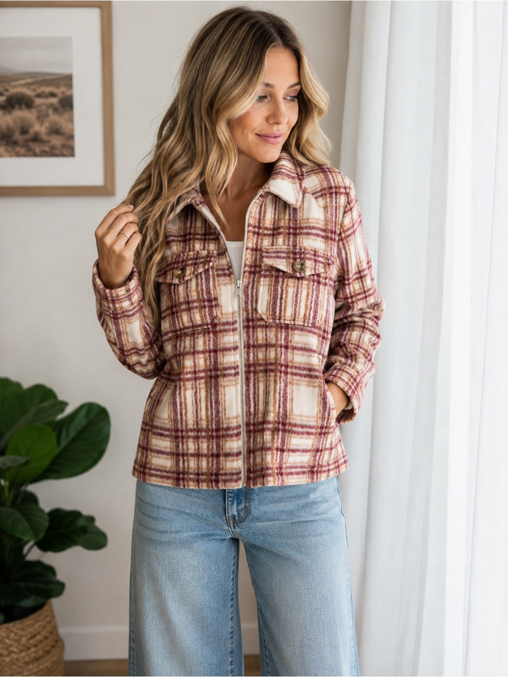 Avec Les Fillets Plaid Zip-Front Jacket in Cream and Burgundy shacket Small
